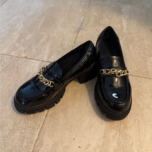 Black Patent Leather Loafers with Gold Chain